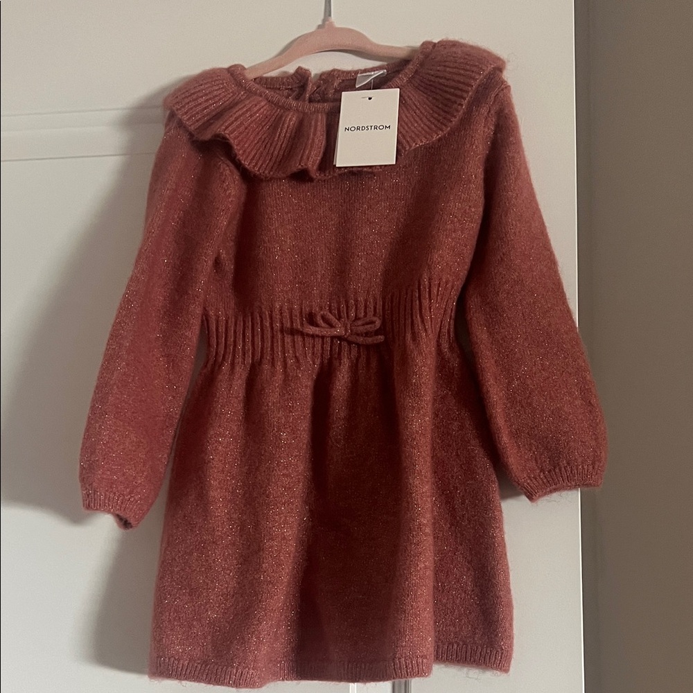 Nordstrom Girls' Rust Knit Ruffle-Collar Dress with Bow Waist 18mo NWT
